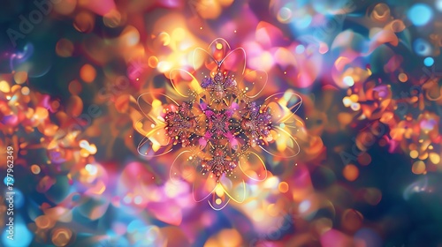Abstract visualization of multicolorediridescent particles delicately floating in a serene spacetheir arrangement forming intricatesymmetrical kaleidoscopic designs. photo