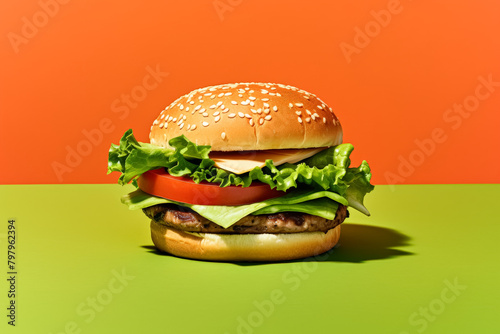 A hamburger with lettuce  tomato  and cheese on a green background. The burger is the main focus of the image  and the green background adds a sense of freshness and healthiness to the scene