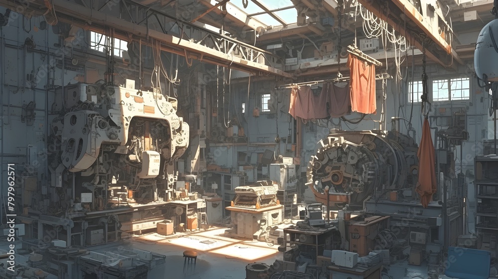 Aged and Disorderly Industrial Workshop with Weathered Machinery and Tools