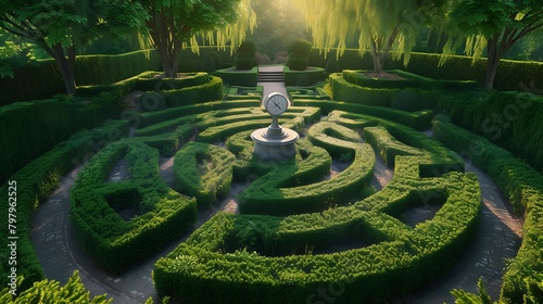 A classic sundial in the center of a formal garden maze with manicured hedges