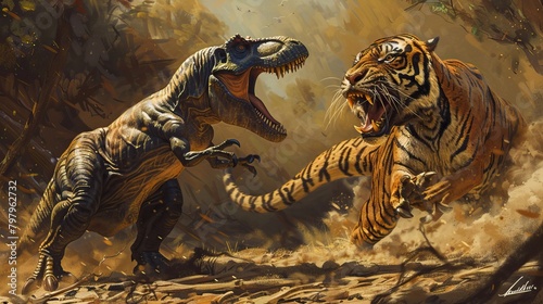 A T-Rex fighting a tiger in the jungle © Fay Melronna 
