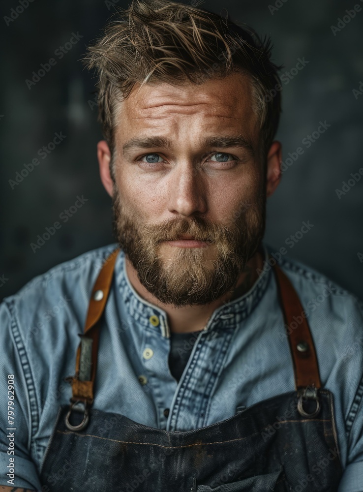 b'Portrait of a handsome bearded man wearing an apron' b'Portrait of a handsome bearded man wearing an apron'
