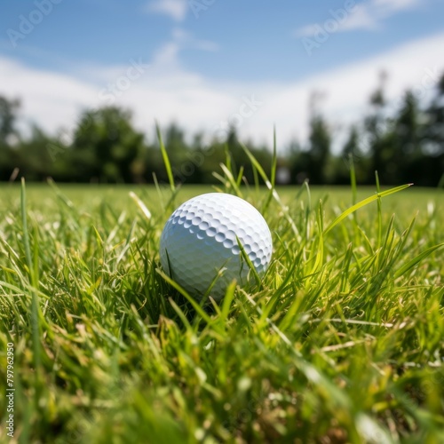 b'Close-up of a golf ball sitting in the rough'