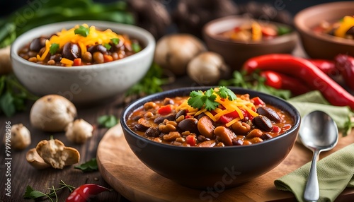 Vegan chili with beans, mushrooms, and vegetables
