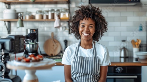 Smiling Woman in a Home Kitchen photo
