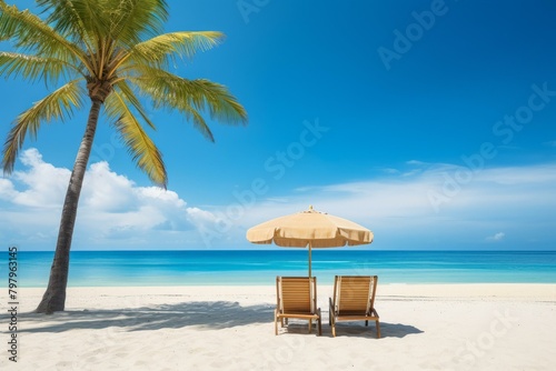 b'Two empty beach chairs sit under a palm tree on a white sand beach with the ocean in the background'