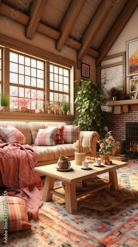 b'Cozy living room interior with sofa, coffee table, fireplace and big windows'