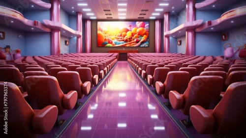 b'Auditorium with pink seats and a large screen'