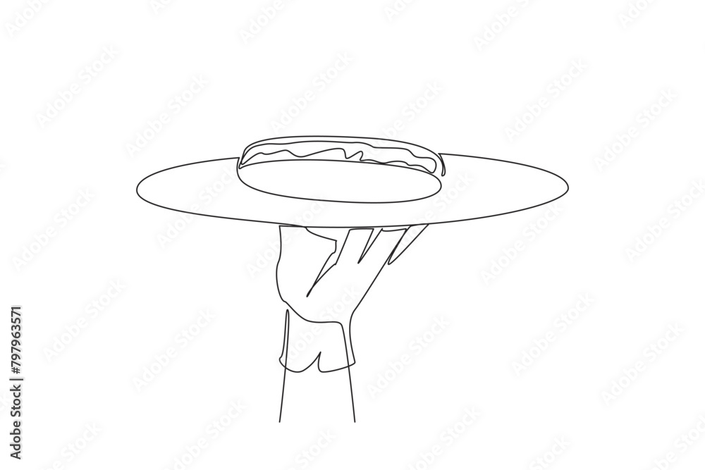 Single continuous line drawing the waiter holds food tray serving hot dog. Dish consisting of a grilled, steamed, or boiled sausage. American fast food. Junk food. One line design vector illustration