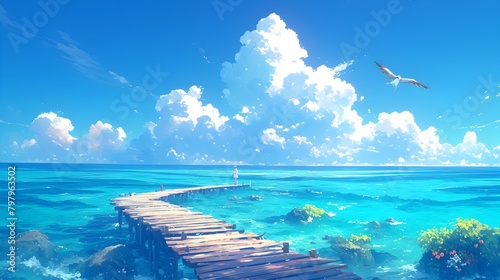 Stunning Tropical Paradise with Tranquil Turquoise Waters and Serene Wooden Pier Stretching into the Horizon