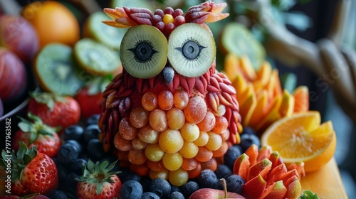 b'A Fruit Owl Made of Grapes, Kiwi, and Strawberries'