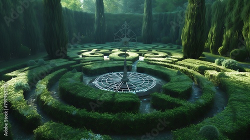 A classic sundial in the center of a formal garden maze with manicured hedges photo