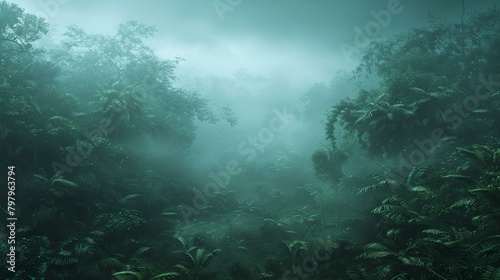 b'Gloomy jungle scene with dense vegetation and mysterious atmosphere' © Adobe Contributor