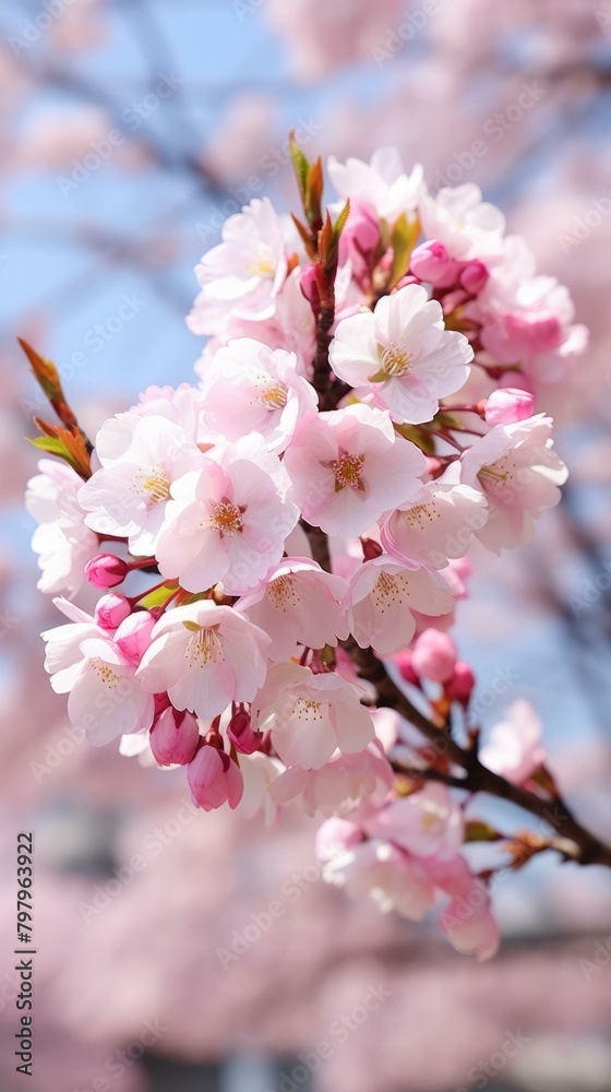 b'Light pink cherry blossom flowers in full bloom against a blurred background of pink and white flowers' b'Light pink cherry blossom flowers in full bloom against a blurred background of pink and white flowers'