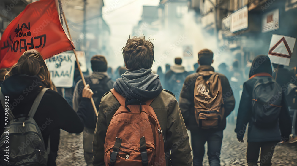 Group of People Holding Flags in a Dystopian Atmosphere