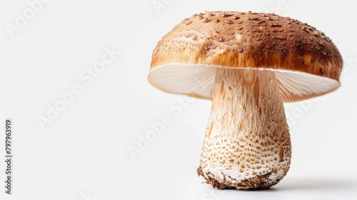 b'Close up of a large brown mushroom on a white background'