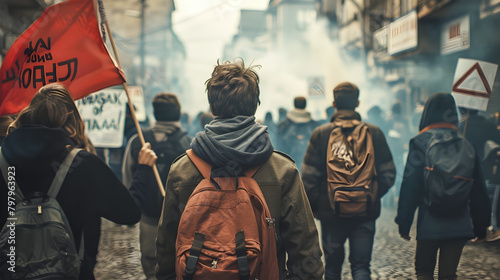 Group of People Holding Flags in a Dystopian Atmosphere photo