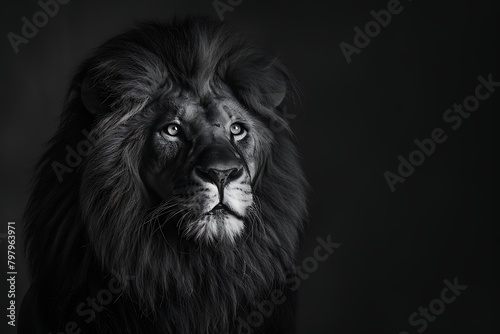 Employ black and white wildlife photography to capture a majestic lion.  photo