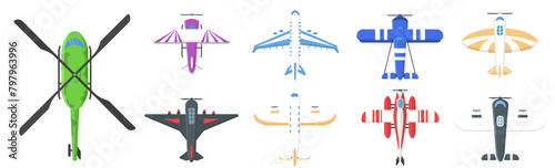 PNG, Set of colourful planes and helicopters icons. Flying airplane in the sky in a flat style, top view. Aircraft and military plane, helicopters collection. Air travel. Vector illustration
