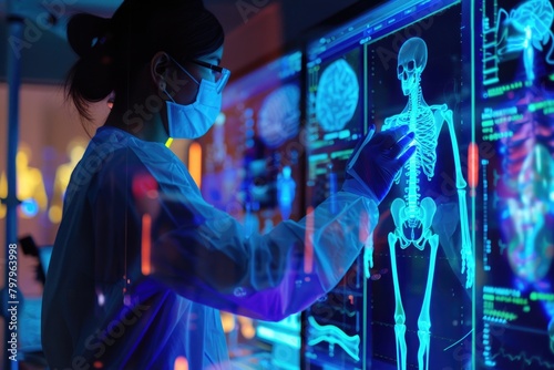 A woman wearing a face mask looking at a skeleton, suitable for healthcare concepts