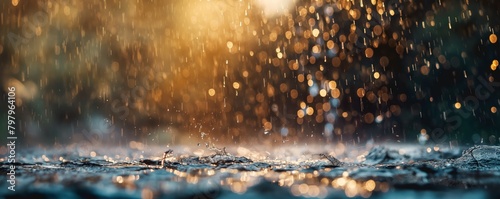 Splashes of rain on a sunlit surface