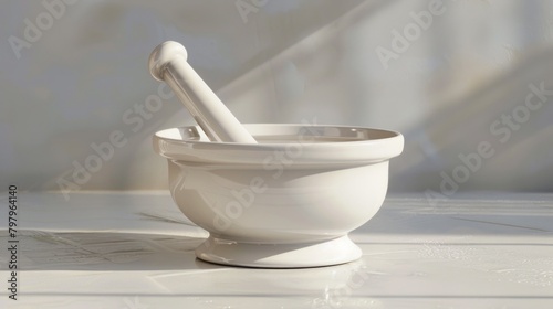 White mortar and pestle on a kitchen counter, suitable for culinary or herbal medicine concepts photo