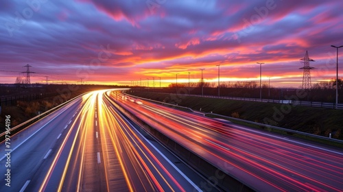 b'Long exposure photography of a highway at sunset'