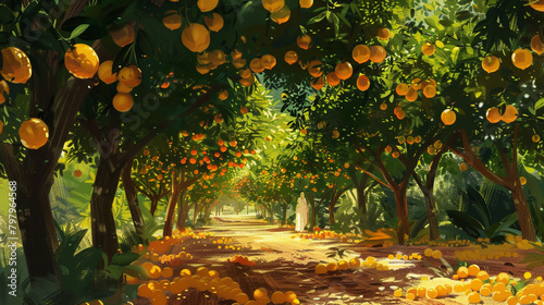 Surrounded by citrus trees in a valley, a traveler is embraced by the zesty aroma of lemons and oranges. photo