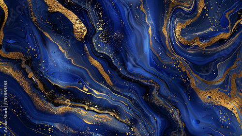 Luxurious abstract in fluid art, with royal blue and gold creating a regal, oceanic depth. Perfect for upscale, sophisticated settings.