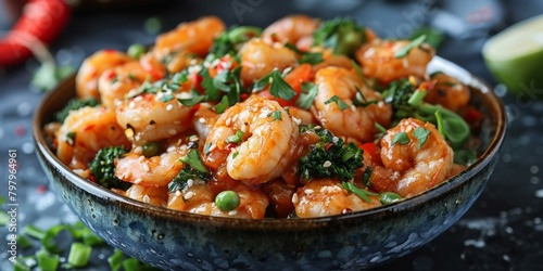 b'A delicious bowl of shrimp stir fry with vegetables'