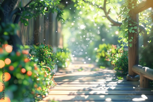 b'Wooden walkway in a lush green garden with sunlight shining through the trees' photo