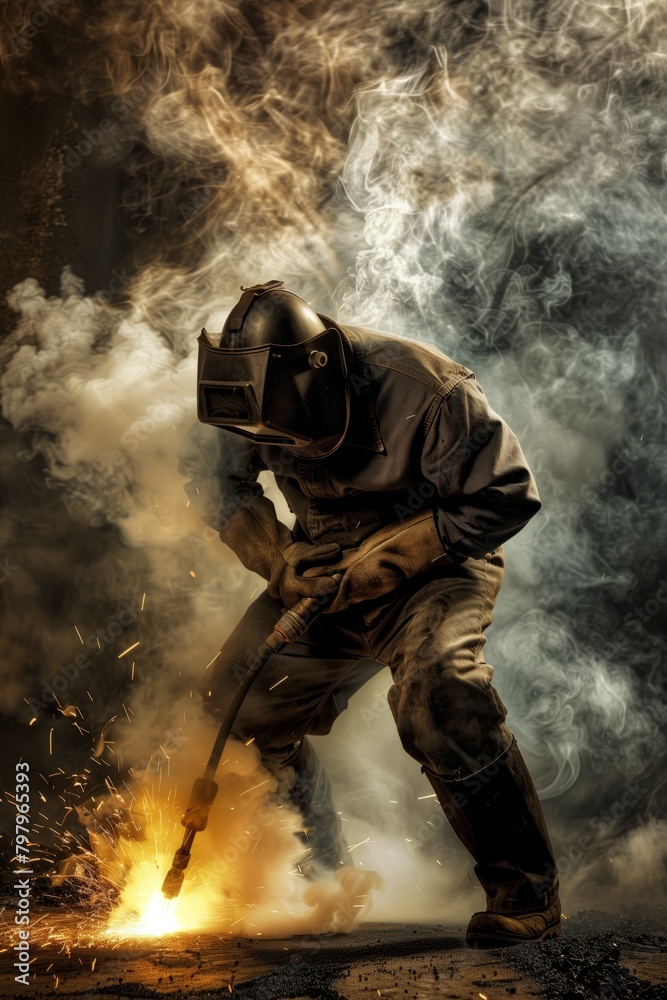 Worker kneeling down welding with smoke rising