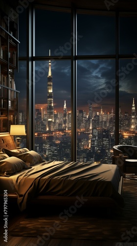 b'Bedroom with a view of the night city'