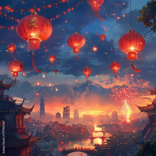 b A beautiful Chinese cityscape with fireworks and red lanterns. 