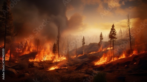 A fire engulfs the forest and dry grass  leaving a black layer of burning and ash on the ground