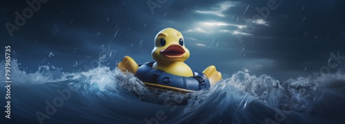 A yellow rubber duck is in the water, splashing around and enjoying the waves photo