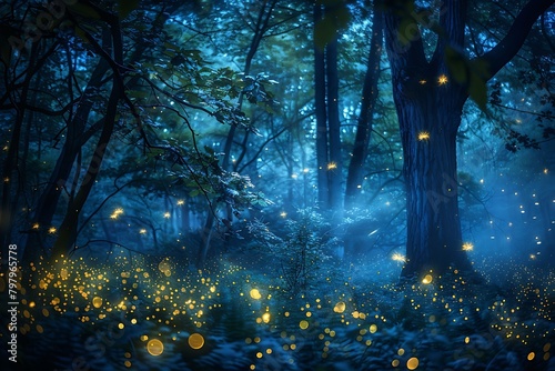 Ethereal moonlight illuminating a verdant forest, with bioluminescent fireflies sparkling amidst the foliage in a long exposure night shot.