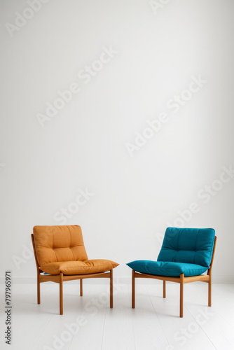 Orange and Blue Chairs Against a White Background  Perfect for Modern Interior and Decor