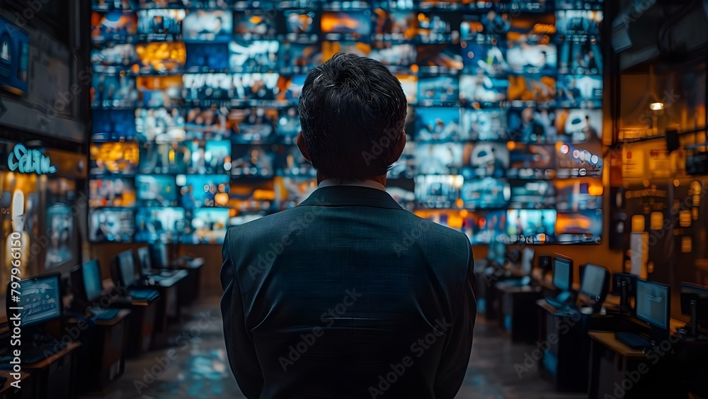 Businessman viewing wall of media with monitors and advertising using technology. Concept Technology, Business, Media Wall, Advertising, Monitors,