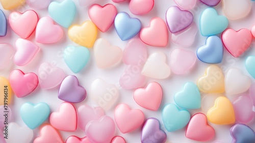 b'A background of pastel-colored plastic hearts'