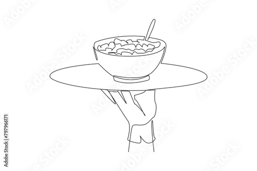 Single continuous line drawing the waiter holds a food tray serving cereal. Foods usually eaten for breakfast. Served with fresh milk. Tasty. Delicious. Filling. One line design vector illustration