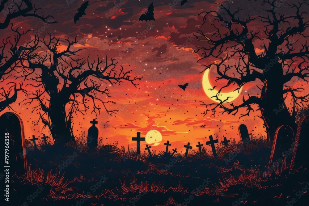 b'A spooky cemetery with bats flying around in the orange sky'