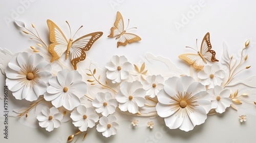 Branch of white plant with spring flowers and golden butterflies for a light  light background