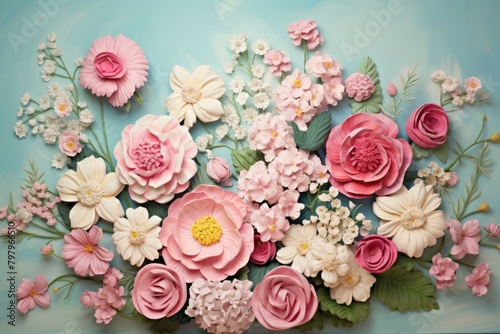 b Pink and white flowers of various types on a blue background 