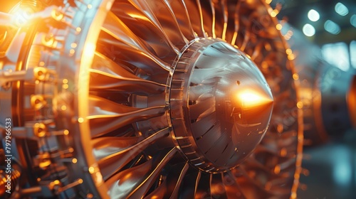 Close-up of a jet engine with gleaming metal details at sunset. photo