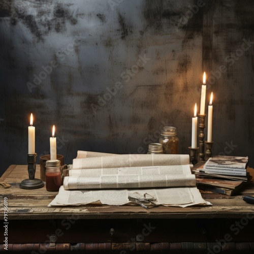 b'Vintage rolled up newspaper and burning candles on a wooden table'