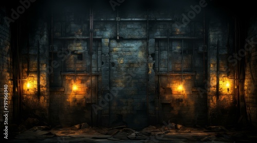 b'Grungy Old Brick Dungeon Corridor with Fire Torches' photo