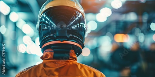 A lone astronaut in a spacesuit stands in a futuristic city. photo