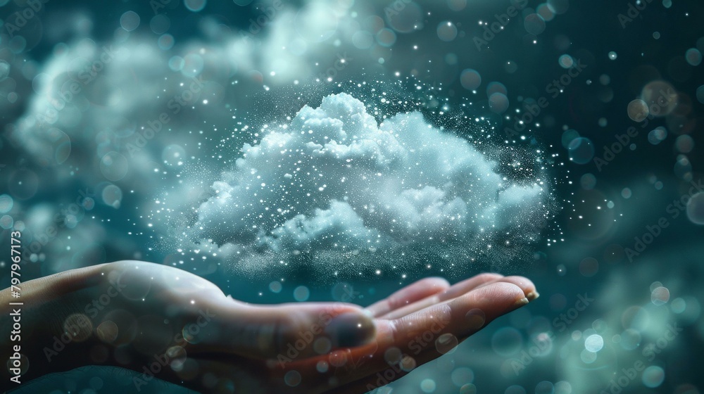 Fototapeta premium b'A hand holding a glowing cloud of data particles'