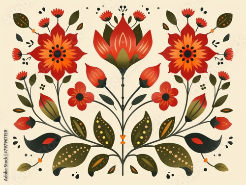 Symmetrical Painting of Flowers and Leaves on White Background